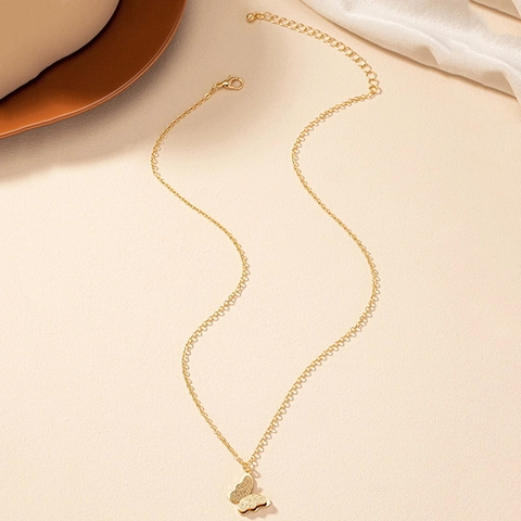 Butterfly Pendant Necklace Double Layer Frosted Polished Alloy Gold Tone Elegant Fashion Jewelry For Women