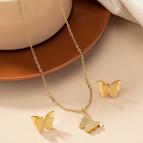 Joyas Mariposa Aleación Hierro Collar Colgante Pendientes Mate Pulido Color Oro Accesorios Elegantes Minimalistas Mujeres
