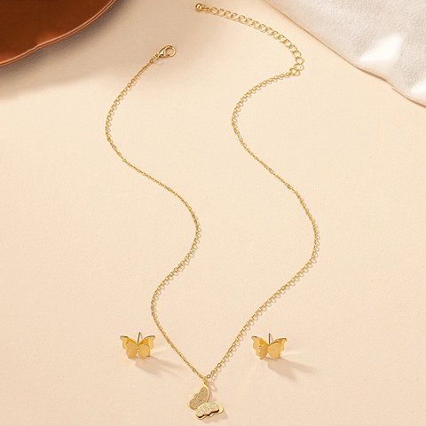 Joyas Mariposa Aleación Hierro Collar Colgante Pendientes Mate Pulido Color Oro Accesorios Elegantes Minimalistas Mujeres