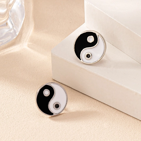 Pendientes De Botón Tai Chi Yin Yang Aleación Esmalte Estilo Chino Redondo Minimalista Vintage Joyas Para Mujer Moda