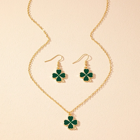 Four Leaf Clover Jewelry Necklace And Earrings Green Enamel Alloy Trendy Elegant Daily Accessories For Women