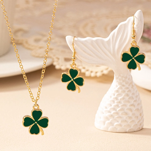 Four Leaf Clover Jewelry Necklace And Earrings Green Enamel Alloy Trendy Elegant Daily Accessories For Women