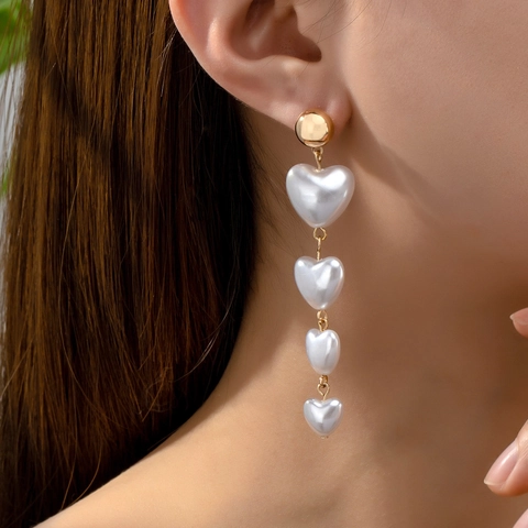 Heart Shape Graduated Imitation Artificial Pearl Drop Earrings Gold Tone Alloy Metal Long Dangle Elegant Women