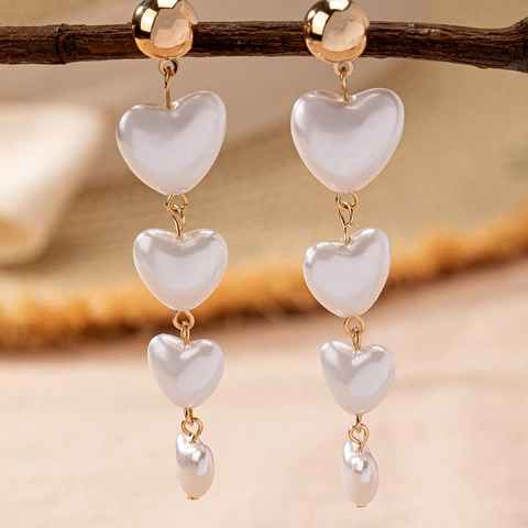 Heart Shape Graduated Imitation Artificial Pearl Drop Earrings Gold Tone Alloy Metal Long Dangle Elegant Women