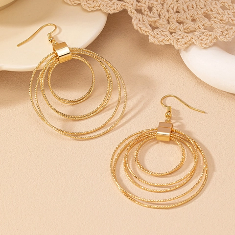 Hohl Mehrschichtige Konzentrische Kreis Ohrringe Strukturierte Goldene Legierung Geometrischer Tropfenschmuck Für Damen