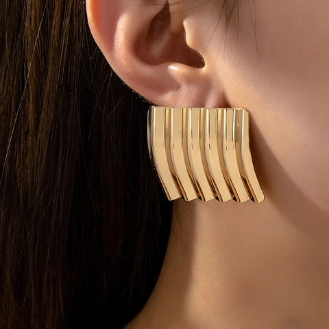 Boucles D Oreilles Rectangulaires Nervurées Alliage Plaqué Or Texture Ondulée Géométrique Bijoux De Mode Pour Femmes