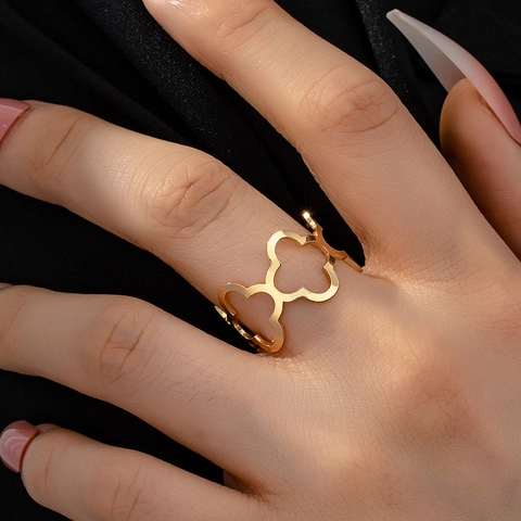 Hollow Flower Open Ring Alloy Adjustable Four Leaf Clover Minimalist Jewelry For Women