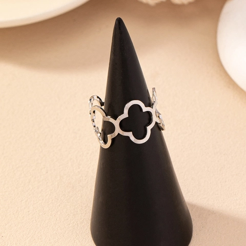Hollow Flower Open Ring Alloy Adjustable Four Leaf Clover Minimalist Jewelry For Women
