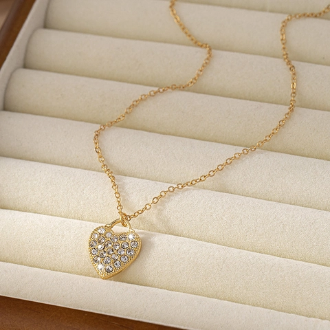 Heart Pendant Necklace Gold Color Alloy Rhinestone Dainty Elegant Minimalist Fashion Accessory For Women