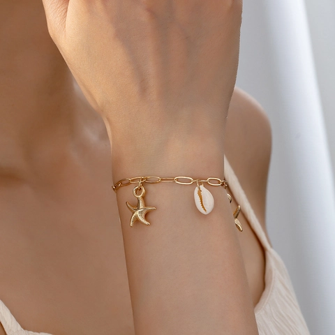 Ocean Starfish Shell Charm Bracelet Alloy Nautical Beach Vacation Bohemian Jewelry For Women Adjustable