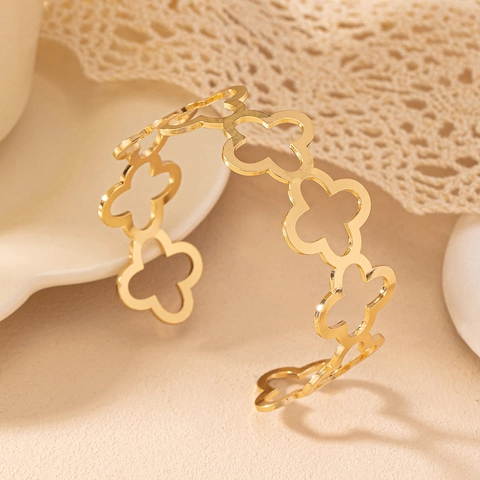 Hollow Flower Open Cuff Bracelet Gold Plated Alloy Elegant Minimalist Jewelry For Women Adjustable Bangle