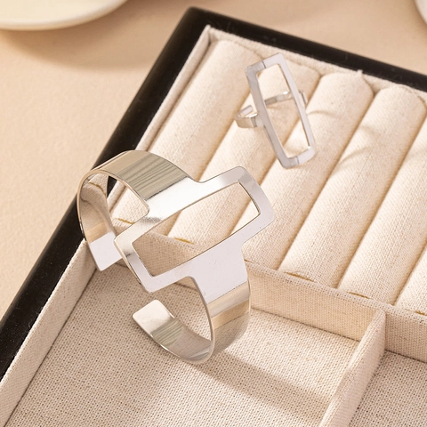 Bracciale E Anello In Lega A Polsino Aperto Geometrico Quadrato Cavo Per Donna Design Moderno Elegante