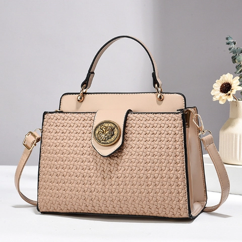 Woven PU Leather Handbag Vintage Square Crossbody Bag With Adjustable Strap Round Metal Buckle Top Handle Solid Color