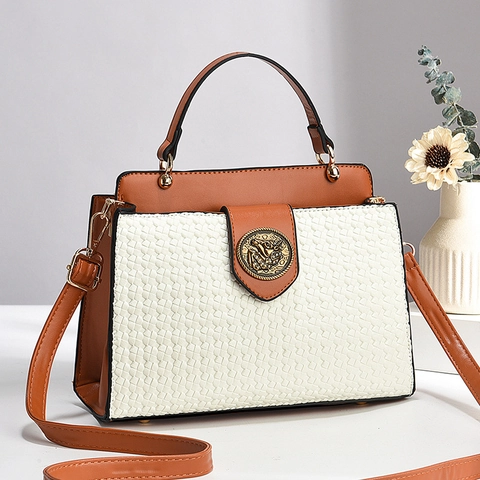 Woven PU Leather Handbag Vintage Square Crossbody Bag With Adjustable Strap Round Metal Buckle Top Handle Solid Color