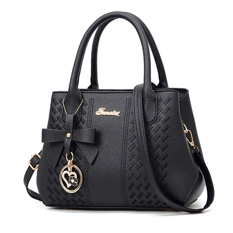 Women Handbag Shoulder Bag Lychee Texture PU Leather Large Capacity Elegant Bowknot Heart Pendant Stitched Vintage
