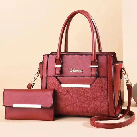 Women PU Leather Handbag And Wallet Floral Lace Embossing Large Capacity Shoulder Bag Elegant Tote For Ladies