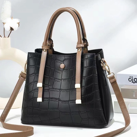 Women Crocodile Embossed Leather Handbag Large Capacity Crossbody Shoulder Bag Contrast Color Retro Tote
