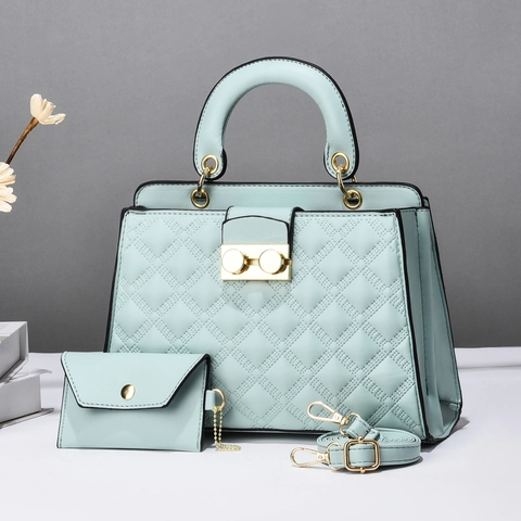 Elegant PU Leather Handbag And Small Coin Purse Quilted Rhombus Pattern Golden Metal Lock Adjustable Shoulder Strap Women