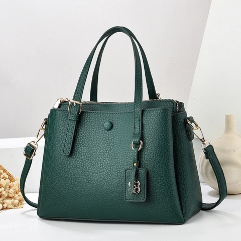 Women PU Leather Handbag Litchi Grain Solid Color Large Capacity Shoulder Crossbody Bag With Removable Strap