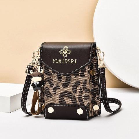 Mini Borsa A Tracolla Leopardata Pied De Poule Borsa Per Cellulare In Pelle PU Con Tracolla Regolabile E Simpatico Ciondolo Per Donne