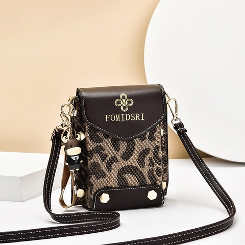 Mini Borsa A Tracolla Leopardata Pied De Poule Borsa Per Cellulare In Pelle PU Con Tracolla Regolabile E Simpatico Ciondolo Per Donne