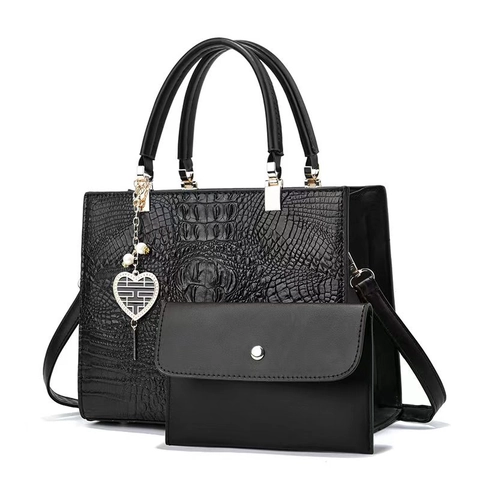 Women Handbag Crocodile Pattern PU Leather Large Capacity Tote Bag And Pouch Heart Pendant Elegant Daily Shoulder Bag