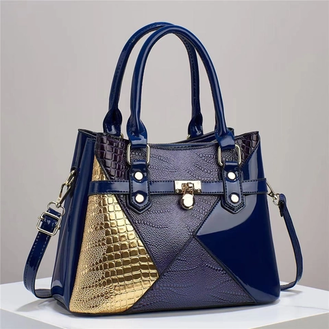 Damen Patchwork Lackleder Eidechsenmuster Handtasche Große Kapazität Kontrastfarbe Schulter Umhängetasche Mit Gold Hardware