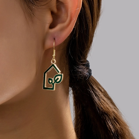 Legering Emaille Oorbellen Groen Blad Huis Frame Geometrische Hanger Minimalistische Pastorale Sieraden
