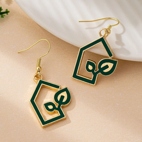 Legering Emaille Oorbellen Groen Blad Huis Frame Geometrische Hanger Minimalistische Pastorale Sieraden