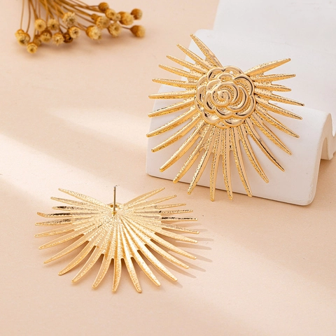 Rose Flower Sunburst Stud Earrings Alloy Statement Retro Exaggerated For Women With Stainless Steel Earring Post