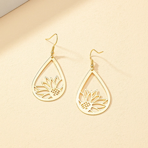 Hollow Sunflower Teardrop Dangle Earrings Gold Alloy Floral Pattern Drop Jewelry For Elegant Women Fashion Gift