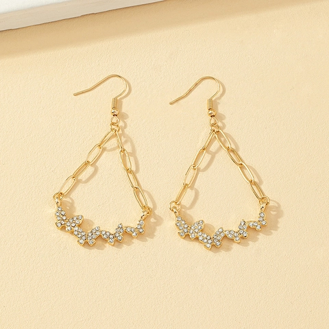 Alloy Rhinestone Butterfly Water Drop Frame Dangle Earrings Long Chain Tassel Fashion Elegant Jewelry For Women Gold Tone