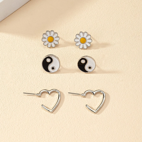 Enamel Daisy Flower Yin Yang Bagua Heart Stud Earrings Alloy Korean Style Sweet Minimalist Jewelry For Women