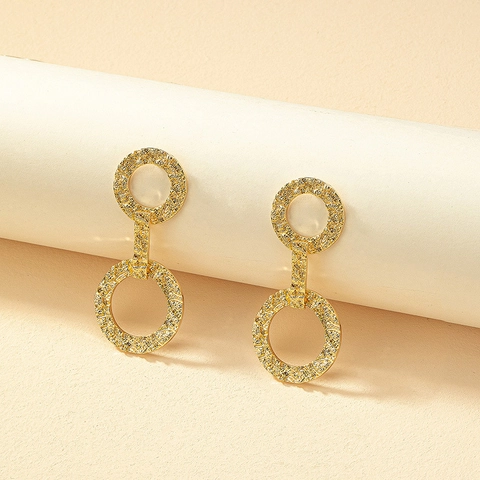 Geometric Double Circle Drop Earrings Alloy Hammered Texture Irregular Gold Statement Jewelry For Women