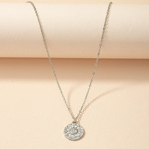 Collier Pendentif Pièce Visage Soleil Rond Alliage Douze Constellations Zodiaque Style Bohème Vintage Bijoux Pour Femmes