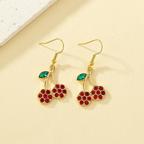 Cherry Dangle Earrings Alloy Red Rhinestone Drip Glaze Sweet Fashion Jewelry Women