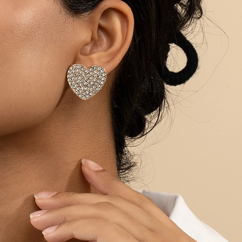 Boucles D'oreilles Puces Cœur Alliage Strass Pavé Étincelant Ton Or Bijoux Tendance Pour Femmes
