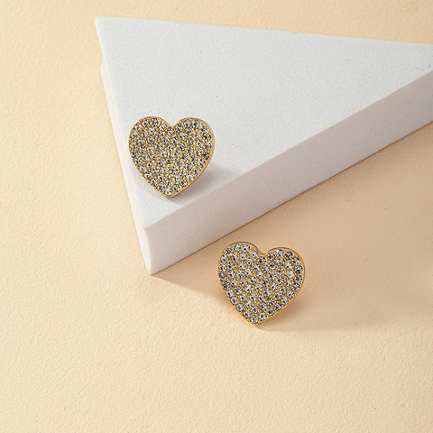 Boucles D'oreilles Puces Cœur Alliage Strass Pavé Étincelant Ton Or Bijoux Tendance Pour Femmes