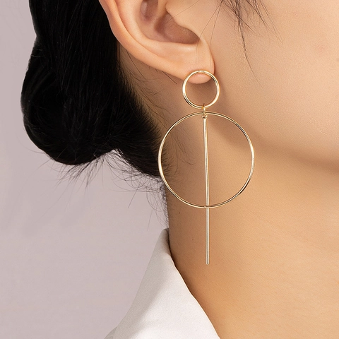 Geometric Drop Earrings Alloy Double Circle Vertical Bar Gold Tone Modern Minimalist Style For Women