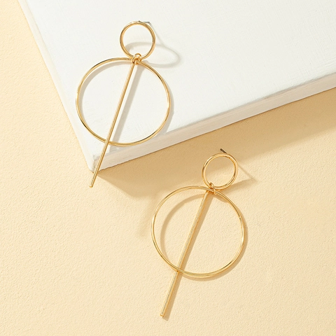 Geometric Drop Earrings Alloy Double Circle Vertical Bar Gold Tone Modern Minimalist Style For Women