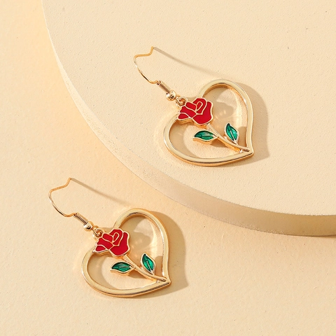 Heart Shape Rose Hook Earrings Alloy Enamel Red Flower Sweet Romantic Fashion Jewelry For Women