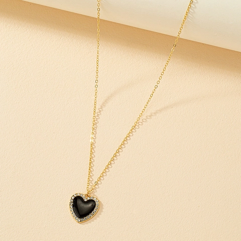 Hart Hanger Ketting Legering Zwart Emaille Strass Ingelegd Verguld Mode Sieraden Voor Dames