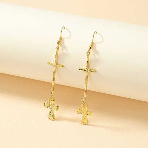 Layered Cross Drop Earrings Alloy Hammered Texture Vintage Gold Dangle Jewelry Trendy Punk Style For Women
