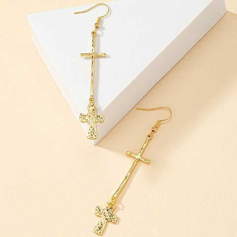 Layered Cross Drop Earrings Alloy Hammered Texture Vintage Gold Dangle Jewelry Trendy Punk Style For Women