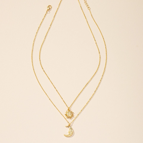 Sun Moon Face Pendant Double Layered Necklace Alloy Gold Tone Celestial Jewelry For Women Adjustable Lobster Clasp