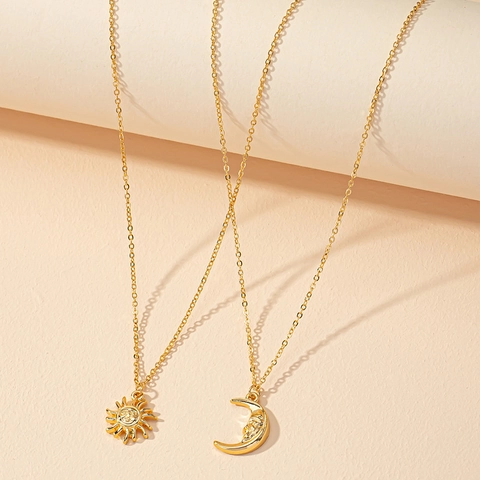 Sun Moon Face Pendant Double Layered Necklace Alloy Gold Tone Celestial Jewelry For Women Adjustable Lobster Clasp
