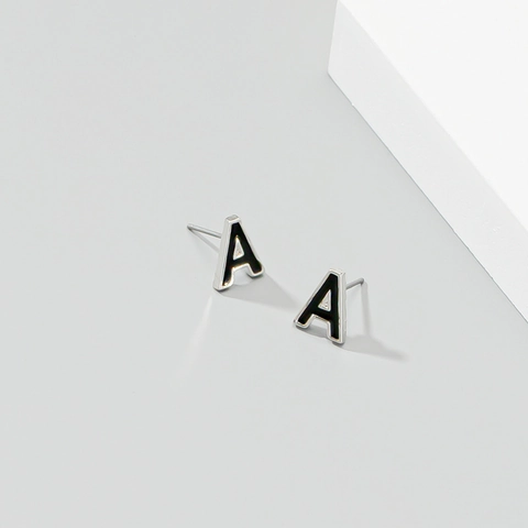 Minimalist Black Enamel English Letter Initial Stud Earrings Alloy Metal Chic Daily Jewelry For Women