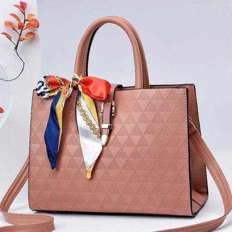 Triangle Embossed Handbag Shoulder Crossbody Bag For Women With Satin Scarf PU Leather Texture Large Capacity