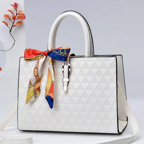 Triangle Embossed Handbag Shoulder Crossbody Bag For Women With Satin Scarf PU Leather Texture Large Capacity