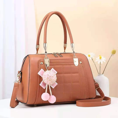 Women Quilted PU Leather Handbag Large Capacity Crossbody Shoulder Bag Top Handle Boston Bag With Fur Ball Charm